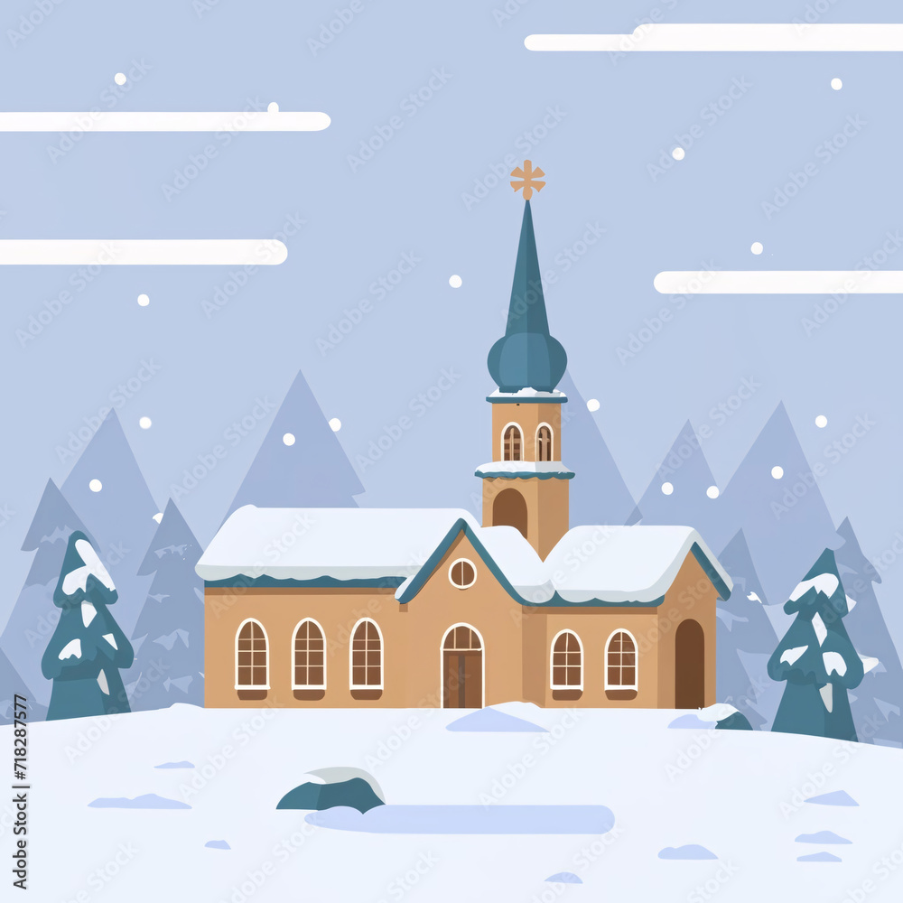 Snow-covered Church in Winter Scene
