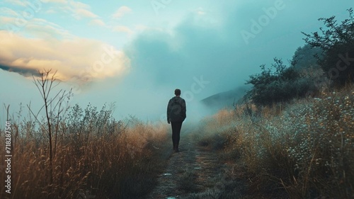 silhouette of a man walking in the field