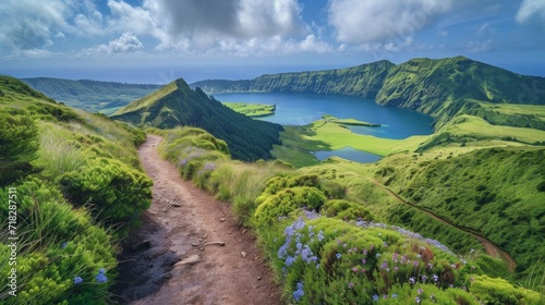 Scenic Hiking Trail with Beautiful Lakes in Ponta Delgada, Sao Miguel Island, Azores, Portugal Generative AI photo