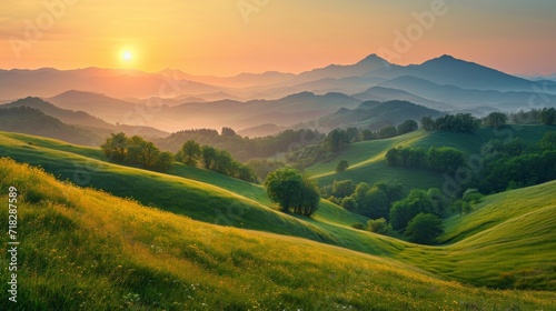 Sunset Over Mountainous Countryside Landscape Generative AI © AlexandraRooss