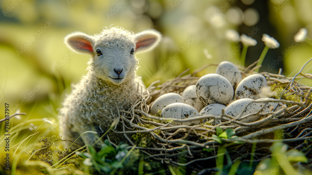 Obraz premium Easter Lamb Easter Bunny in a Nest on a Flowering Meadow Greeting Card Happy Easter Illustration Graphic Banner Wallpaper Background Brainstorming Family Digital Art Magazine Poster