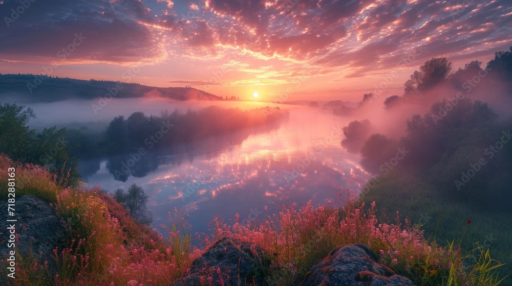Serene Sunrise: Panoramic Summer Landscape with River and Fog Generative AI