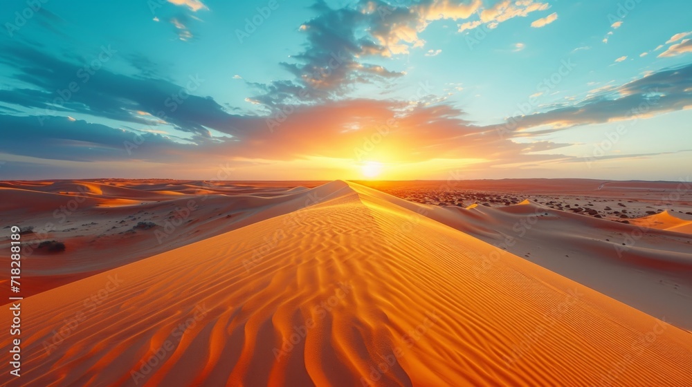 Endless Waves of Yellow Sand: A Panoramic View of the Sahara Desert at Sunset Generative AI