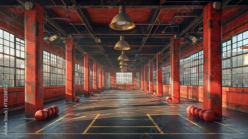 Large area with red columns, window panes, overhead lighting, and distinct floor markings. Suitable for storage or fitness activities. Concept of Storage Space, Fitness Center, Film Set