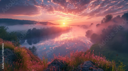 Serene Sunrise: Panoramic Summer Landscape with River and Fog Generative AI