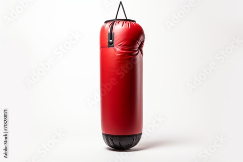 Red punching bag hanging isolated on white background. Concept of fitness equipment, boxing workout accessories, sports gear, gym equipment © Jafree