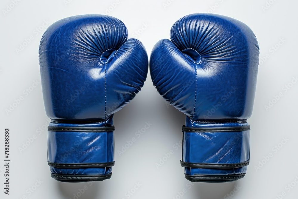 Pair of blue boxing gloves isolated on white background. Concept of boxing equipment, combat sports gear, training accessory, and worn athletic items. Pair of blue boxing gloves isolated on white background. Concept of boxing equipment, combat sports gear, training accessory, and worn athletic items.