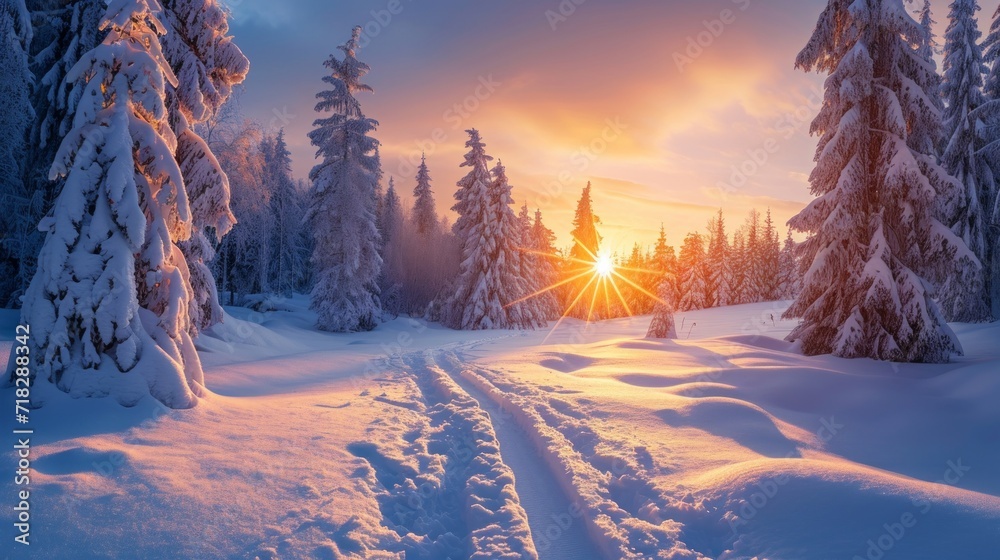Winter Wonderland: Panoramic Sunrise Landscape for Christmas Background Generative AI Winter Wonderland: Panoramic Sunrise Landscape for Christmas Background Generative AI