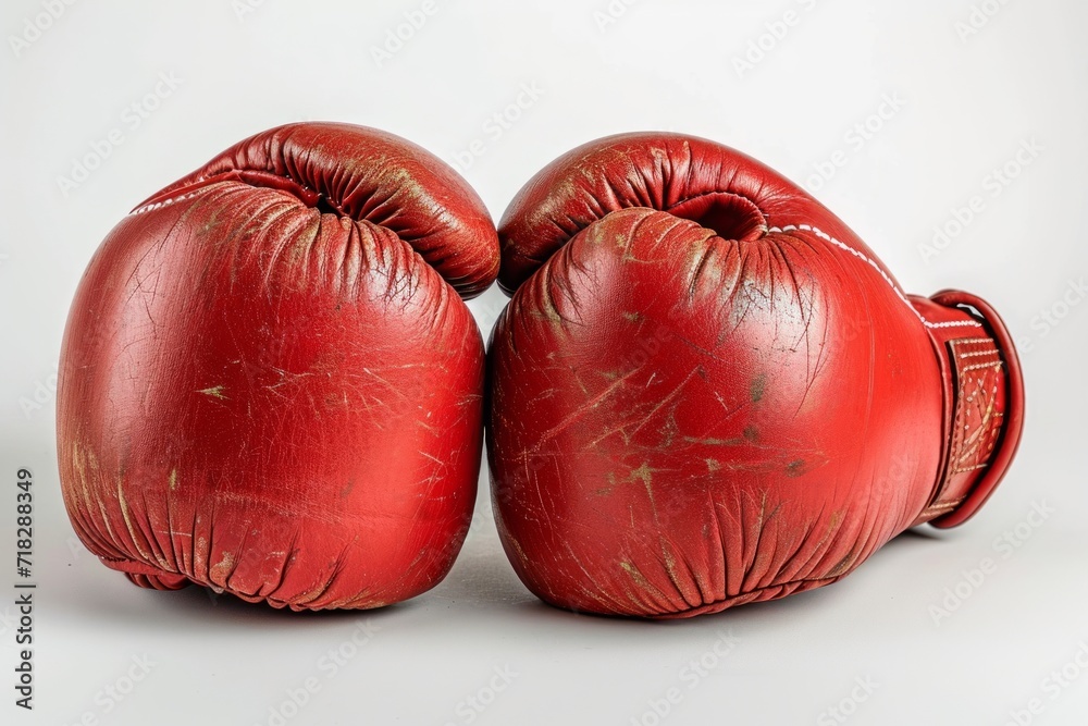 Red boxing gloves isolated on white background. Concept of boxing equipment, combat sports gear, training accessory, and worn athletic items.