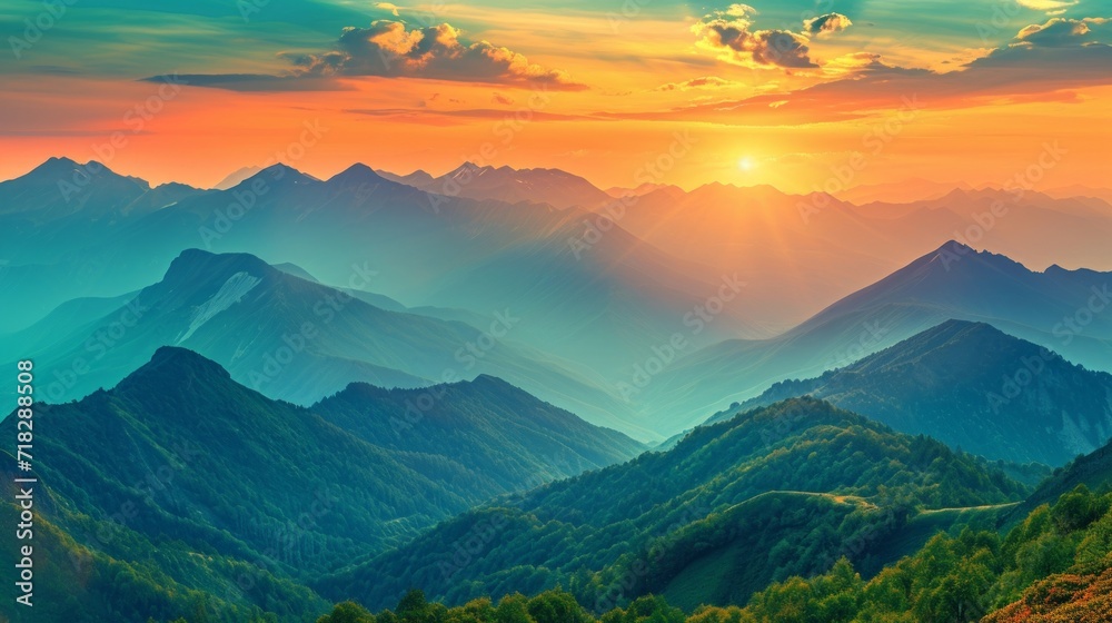 Panoramic Mountain Landscape at Orange Sunset Generative AI