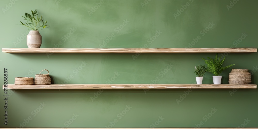 Wooden shelves and green patterned wall provide a blank canvas for showcasing products. Wooden shelves and green patterned wall provide a blank canvas for showcasing products.