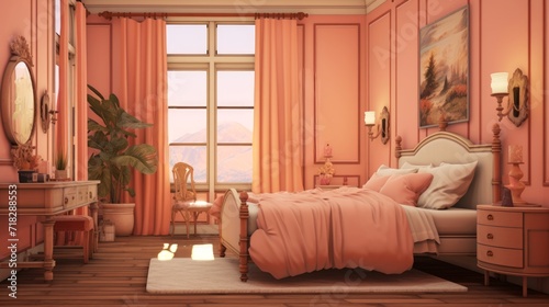 Modern bedroom interior with upholstered bed, chic decor and decorative wall art. In fashionable trendy color Peach. Ideal for real estate listings, interior design concepts, furniture promotions.