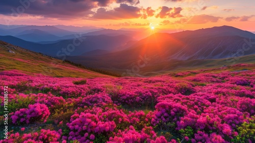Panoramic View of Pink Rhododendron Flowers and Beautiful Sunset over a Lawn Generative AI photo