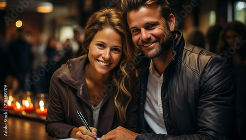 Young couple sitting outdoors  smiling  looking at camera  enjoying togetherness generated by AI