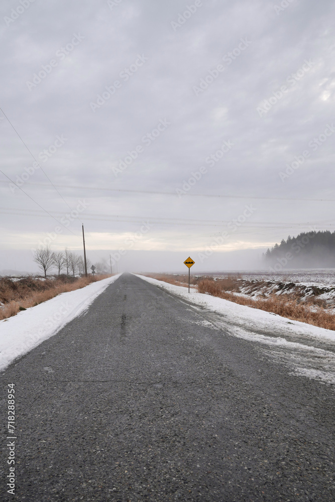 Looking down Rannie Road near the Grant Narrows Regional Park and Pitt River Dike during a snowy winter season in Pitt Meadows, British Columbia, Canada