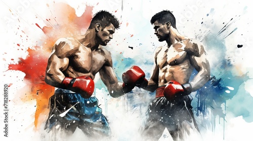 Dynamic watercolor illustration of male boxers in action, a blend of sport and art. Vibrant watercolor strokes. Concept of combat sports, the dynamism of boxing, and artistic expression.