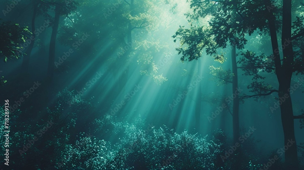 Sun rays shining through forest landscape Sun rays shining through forest landscape
