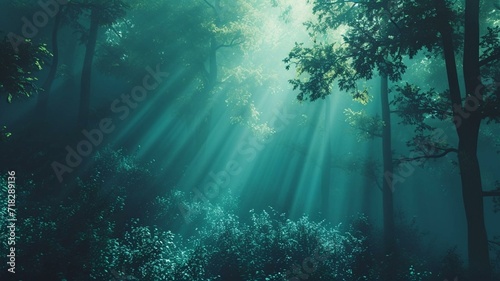 Sun rays shining through forest landscape