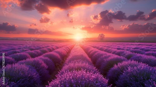 Stunning Sunset Landscape with Lavender Field Generative AI
