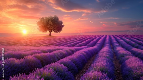Vibrant Lavender Field Landscape at Summer Sunset with Solitary Tree Generative AI