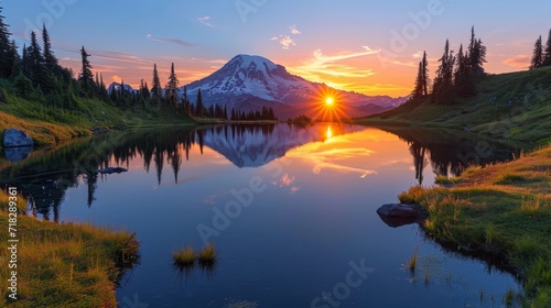Sun Setting over Mt. Rainier at Tipsoo Lake in Washington Generative AI photo