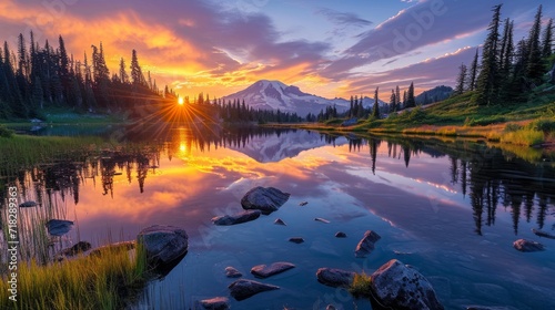 Sunset over Mt. Rainier at Tipsoo Lake in Washington Generative AI photo