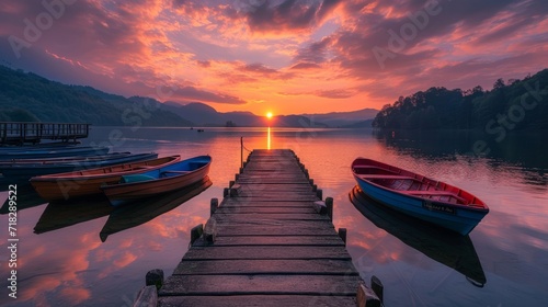 Serene Sunset over Pier with Boats on Lake Generative AI Generative AI