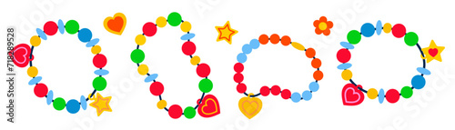 Beads bracelets. Cartoon cute bracelets made of colorful beads different shapes and color. Children's plastic jewelry on wrist. Friendship retro bracelets isolated on white background. Kid's jewelry