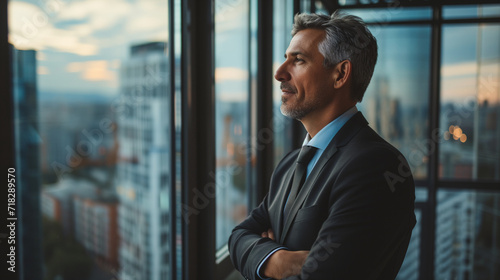 Portrait of mature businessman standing with arms crossed and looking away in office