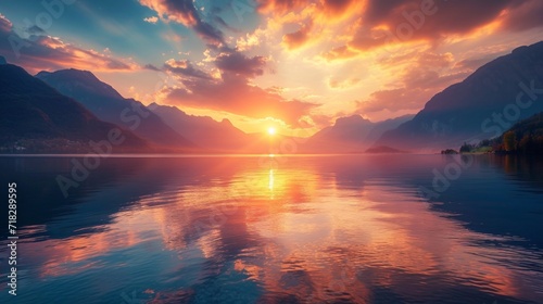 Breathtaking Sunset Panorama over the Lake Generative AI