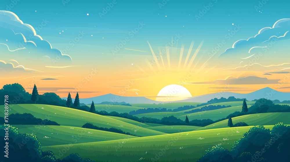 Beautiful Summer Fields Landscape with Dawn, Green Hills, and Blue Sky Generative AI