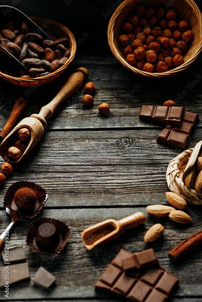 Square frame from handmade candies, two truffles, cocoa powder, chocolate and other. Sweet delicious things on old wood background Square frame from handmade candies, two truffles, cocoa powder, chocolate and other. Sweet delicious things on old wood background