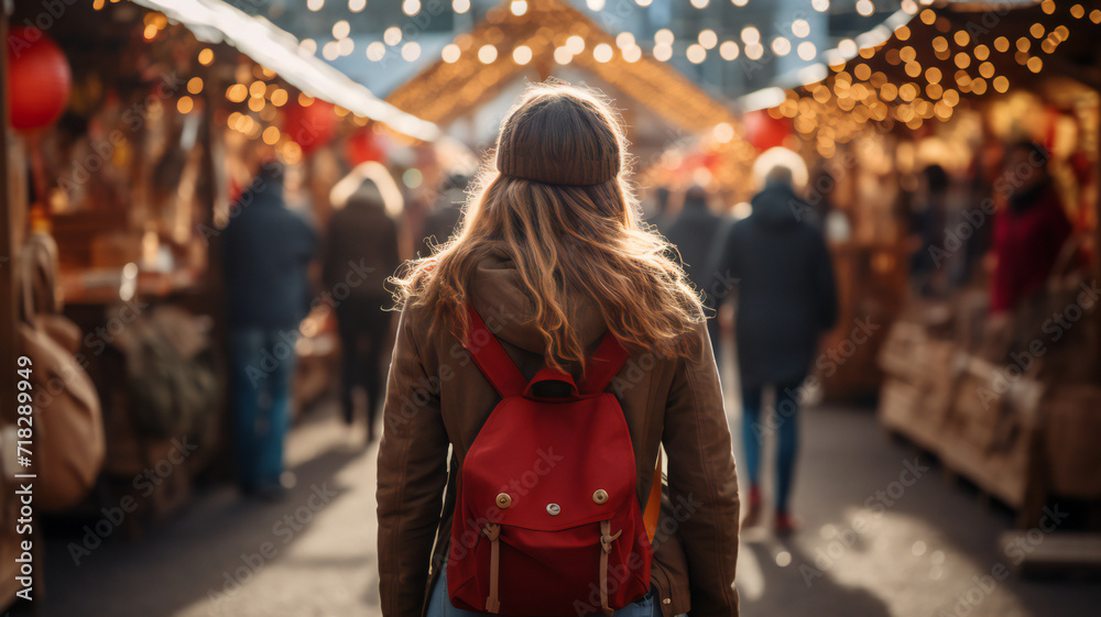 Back view of a tourist in the city. Young woman walking on the Christmas holiday festival outdoor market. Festive mood. Backpacker and travel concept Back view of a tourist in the city. Young woman walking on the Christmas holiday festival outdoor market. Festive mood. Backpacker and travel concept