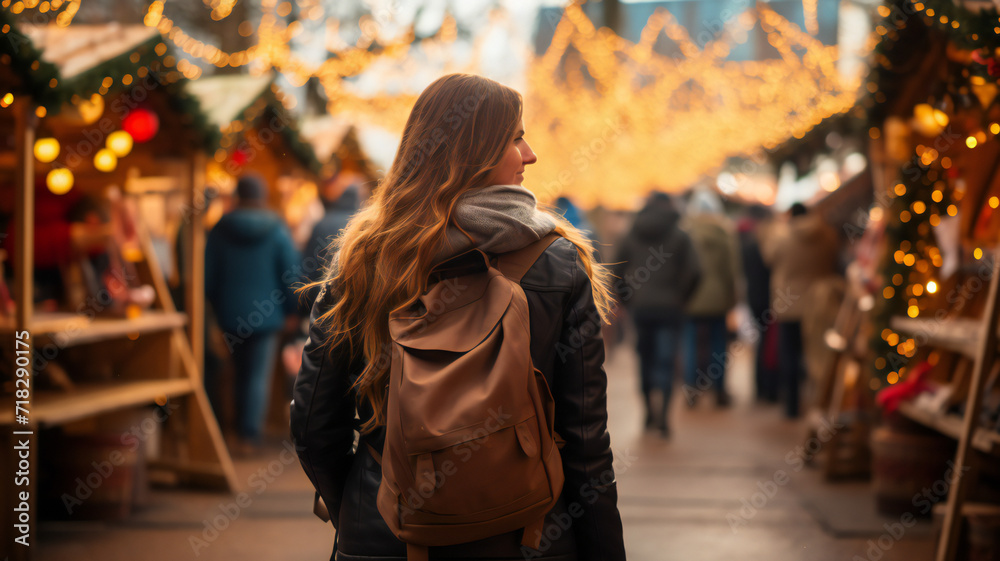 Back view of a tourist in the city. Young woman walking on the Christmas holiday festival outdoor market. Festive mood. Backpacker and travel concept Back view of a tourist in the city. Young woman walking on the Christmas holiday festival outdoor market. Festive mood. Backpacker and travel concept