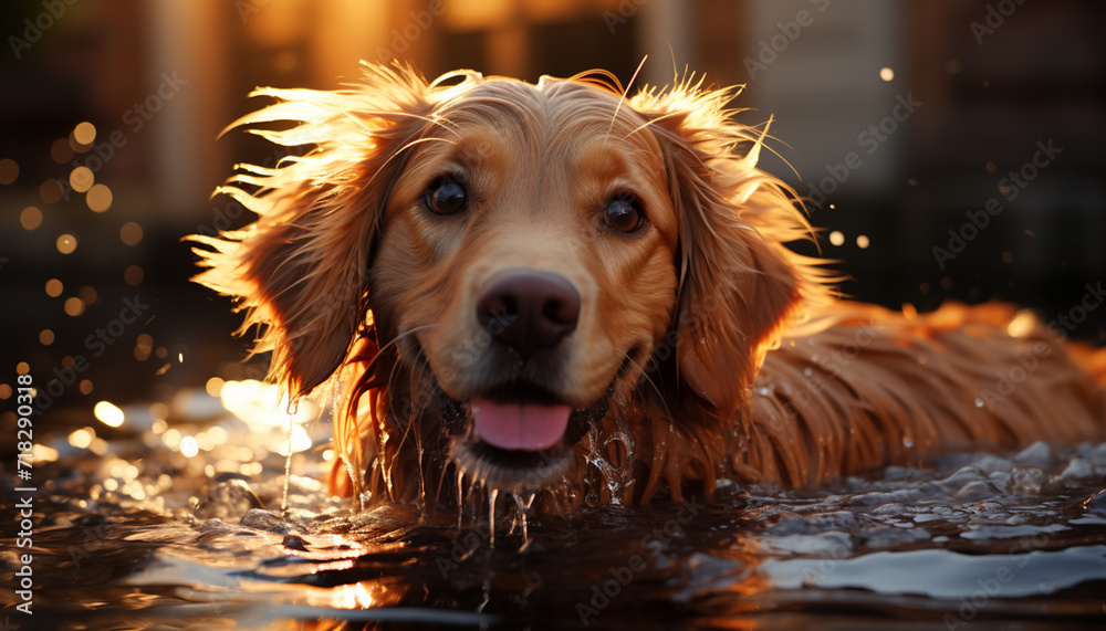 Cute puppy playing outdoors, wet and smiling, looking at camera generated by AI