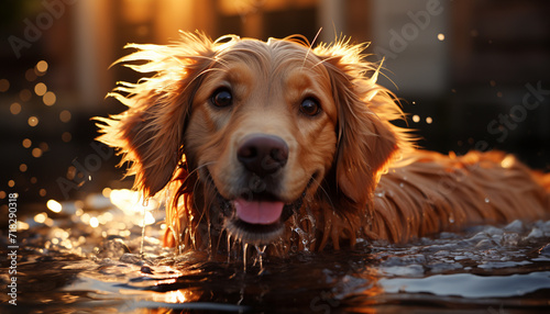 Cute puppy playing outdoors, wet and smiling, looking at camera generated by AI © Jemastock