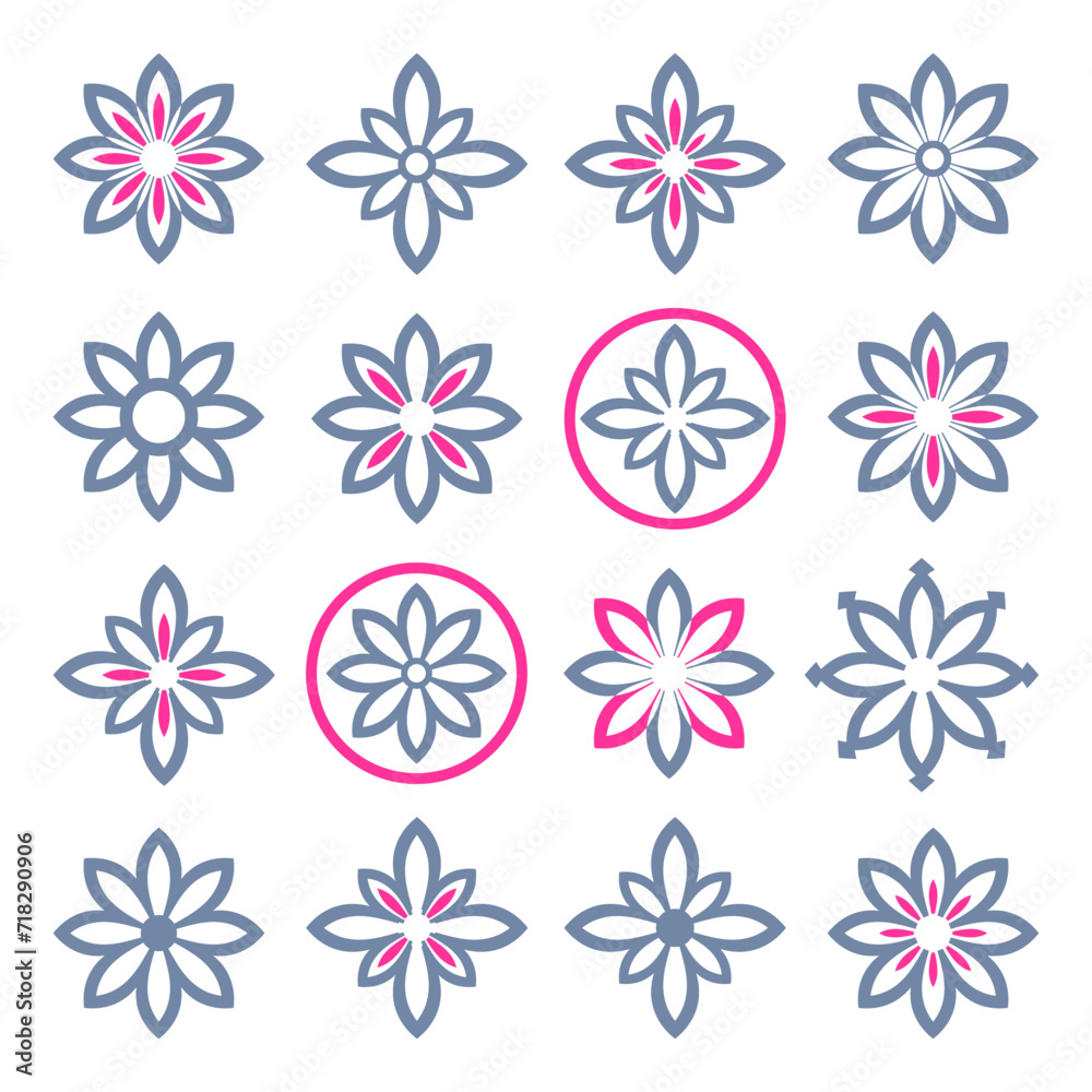 Set of Abstract Flower Icons. Radial Design Elements.
