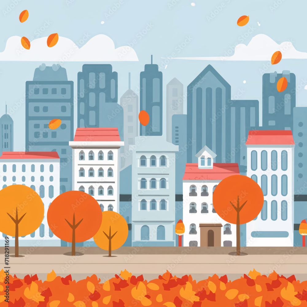Windy Cityscape with Blowing Leaves