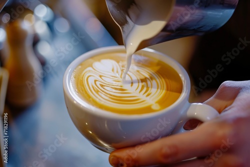 Close-up of a skilled barista pouring steamed milk into a cup of espresso, creating a beautiful latte art pattern 