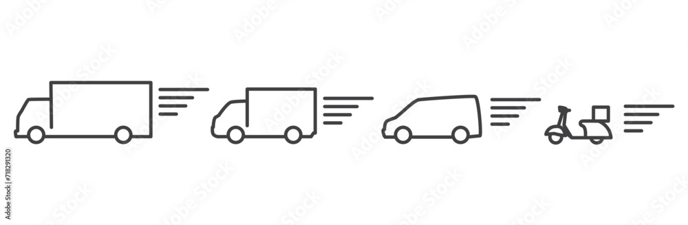 Fast moving shipping delivery truck and car line vector icon for transportation. Delivery service in line style. Logistic trucking, Express delivery trucks, Fast shipping truck, Delivery icon vector.