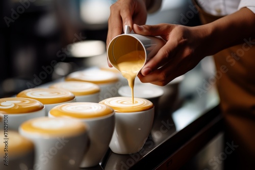 Close-up of a skilled barista pouring steamed milk into a cup of espresso  creating a beautiful latte art pattern 