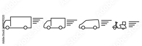 Fast moving shipping delivery truck and car line vector icon for transportation. Delivery service in line style. Logistic trucking, Express delivery trucks, Fast shipping truck, Delivery icon vector.
