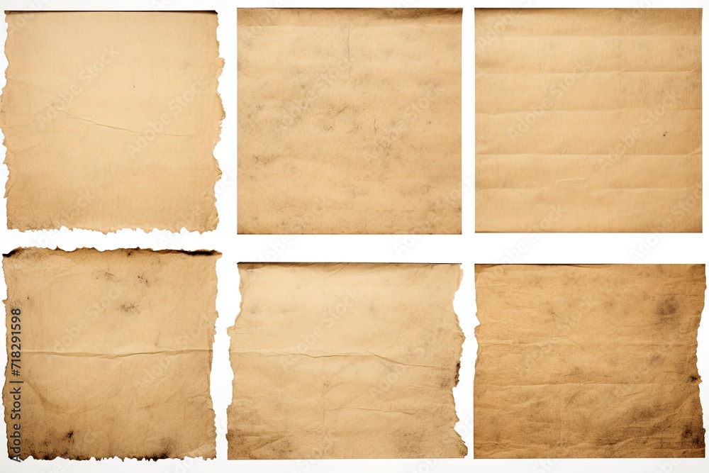 Set of old parchment antique paper sheet or vintage aged grunge stain texture isolated background