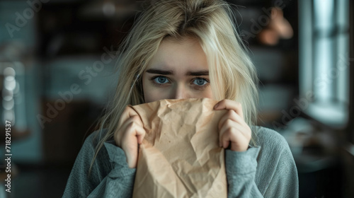 A blonde girl is breathing into a paper bag during a panic attack. Psychological assistance.