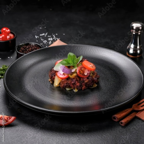 food elegant expensive dish plate dark black gourmet dinner chef