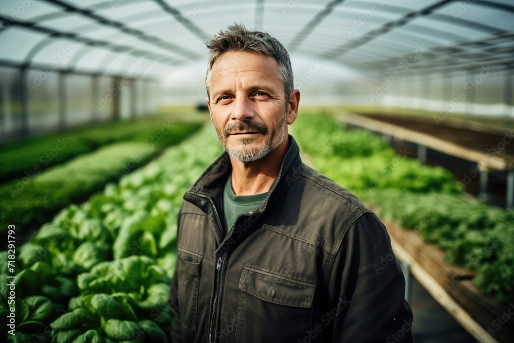 Potrait of a vegetable grower working in a large industrial greenhouse growing vegetables and herbs. Farmer