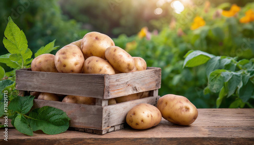 Pommes de terre dans cagette en bois dans le jardin - IA générative photo