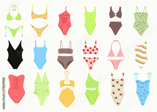 Cartoon isolated swimsuit and underwear template collection for man and woman, fashion shorts, panties and pants, casual bikini and bra to swim, beachwear models. Swimwear set vector illustration