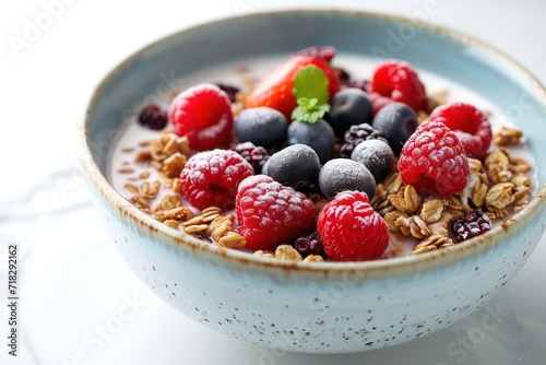 Close-up of breakfast served in bowl over white background