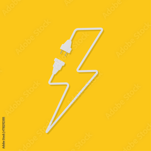 Electrical socket with plug. Electrical extension cord in the form of an electrical sign, lightning.Concept of connection and disconnection. Wires, cables, high voltage sign. Vector illustration.